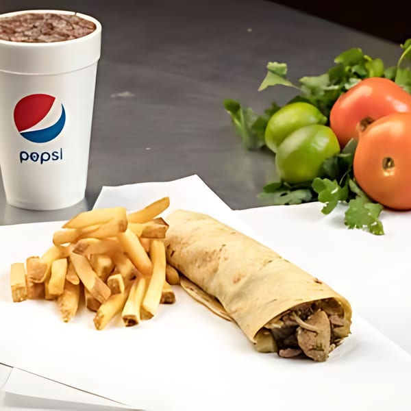 A Go Burger burrito with fries and a Pepsi, alongside fresh limes, tomatoes, and cilantro.